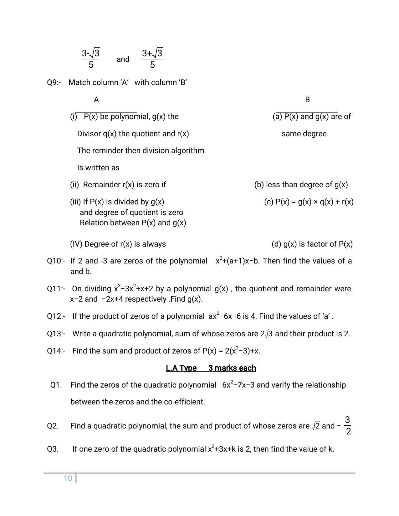 JKBOSE Class 10 Maths: Chapter 2nd Polynomial Question Bank - Page 10