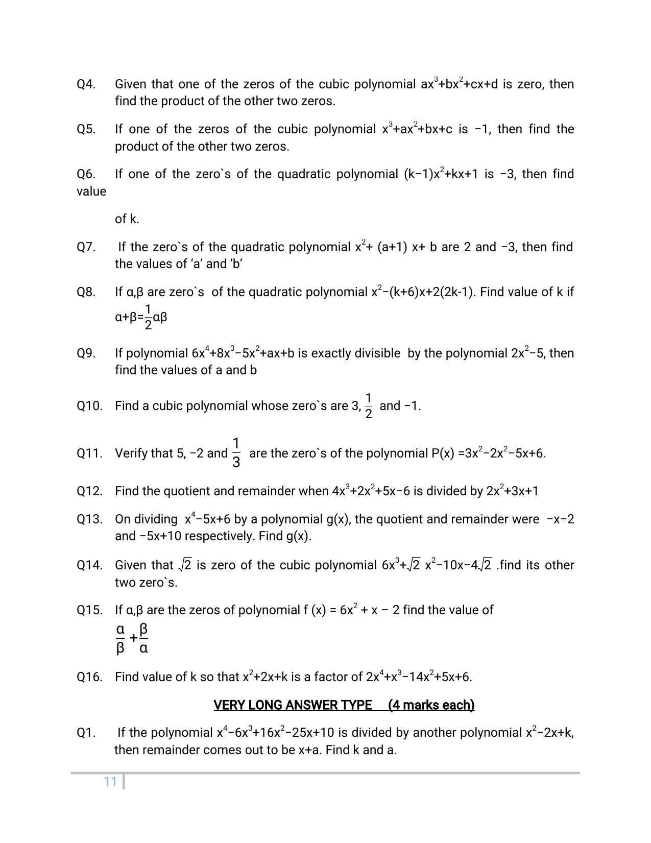 JKBOSE Class 10 Maths: Chapter 2nd Polynomial Question Bank - Page 11