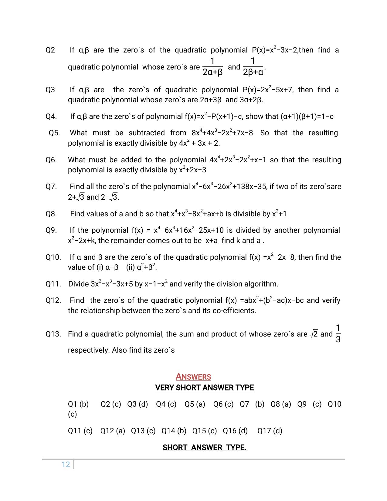 JKBOSE Class 10 Maths: Chapter 2nd Polynomial Question Bank - Page 12