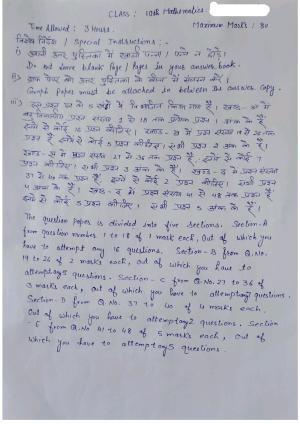 HPBOSE Class 10th Math Sample Question Papers 2024