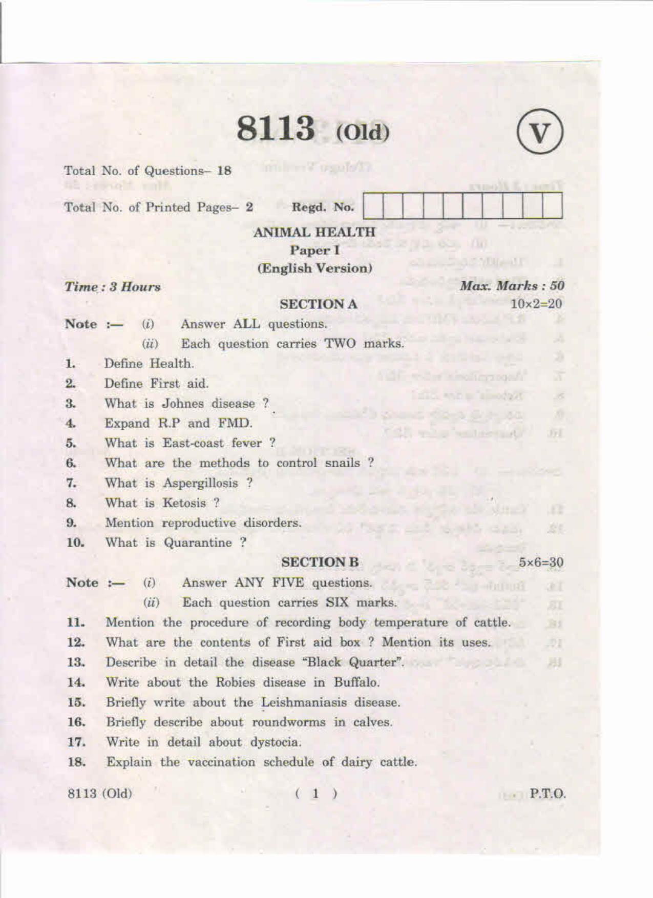 AP Inter 1st Year Animal Health-I (Old) May-2019-Vocational Question Paper - Page 1