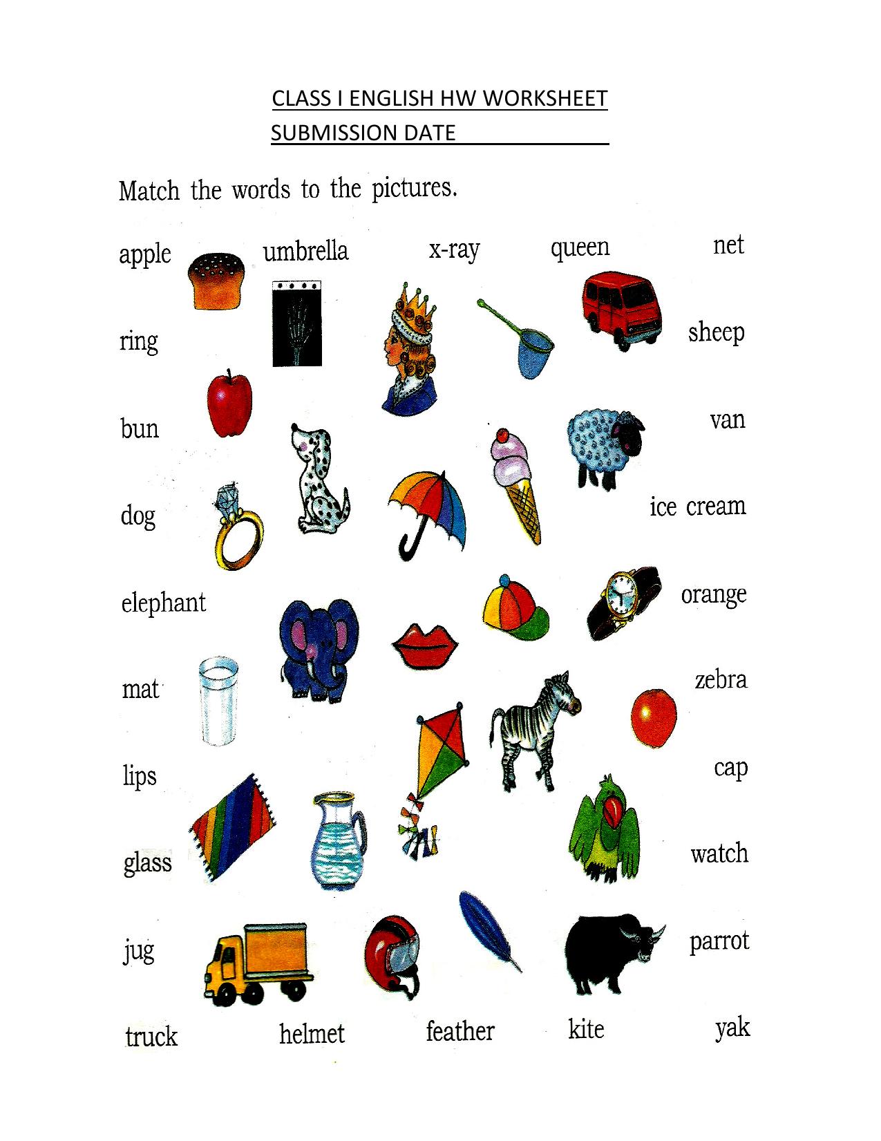 Worksheet for Class 1 English Assignment 61 Match the words - Page 1