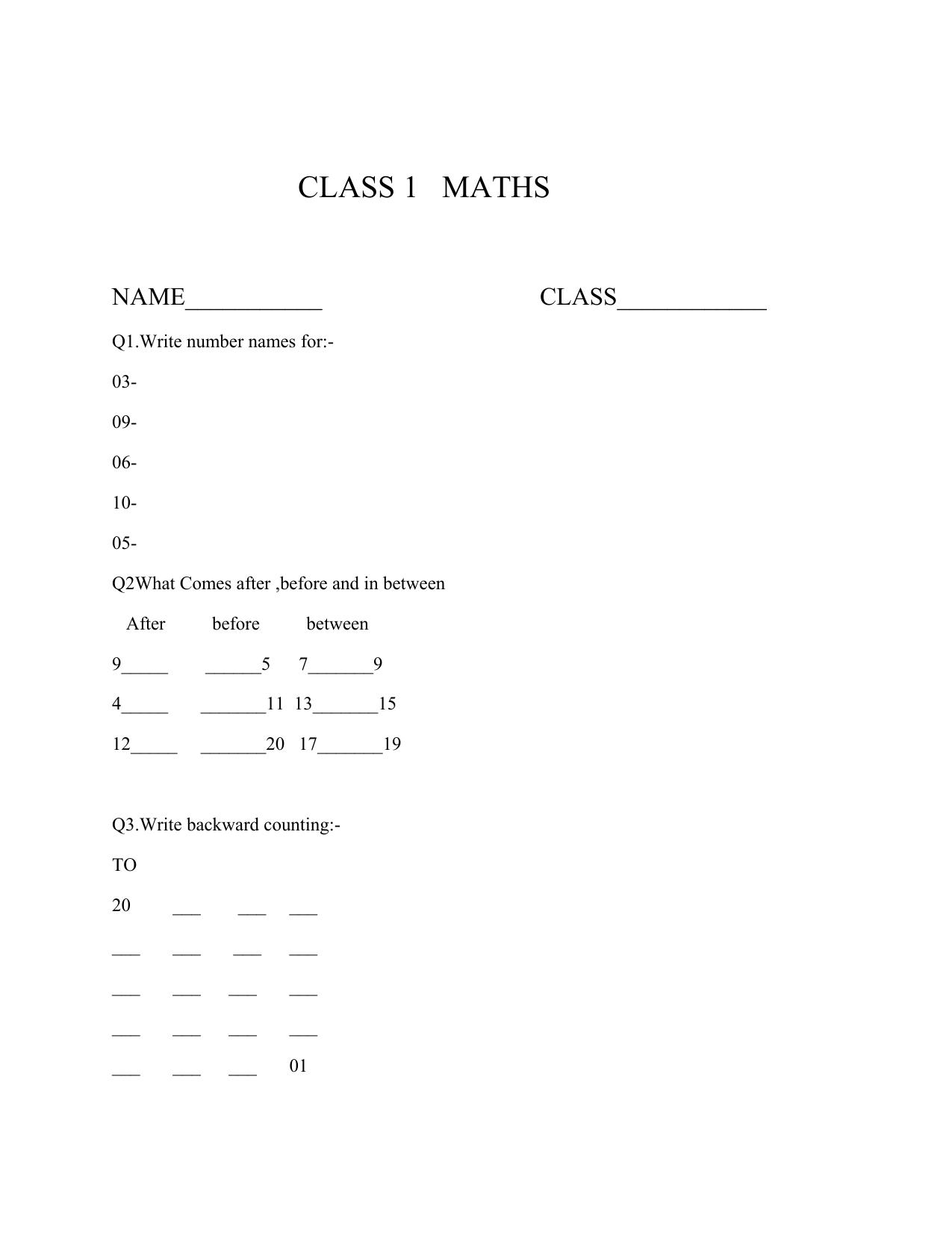 Worksheet for Class 1 Maths Practice Assignment 1 - Page 1