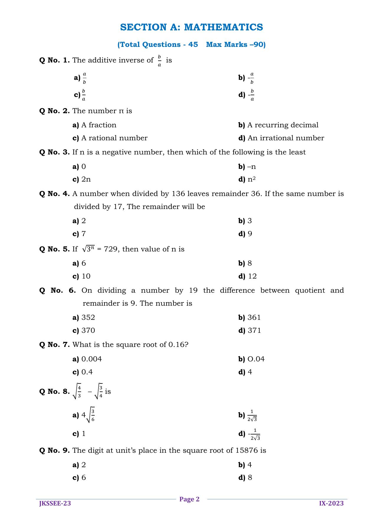 JKSSEE 2023 Class 9 Question Paper - Page 2