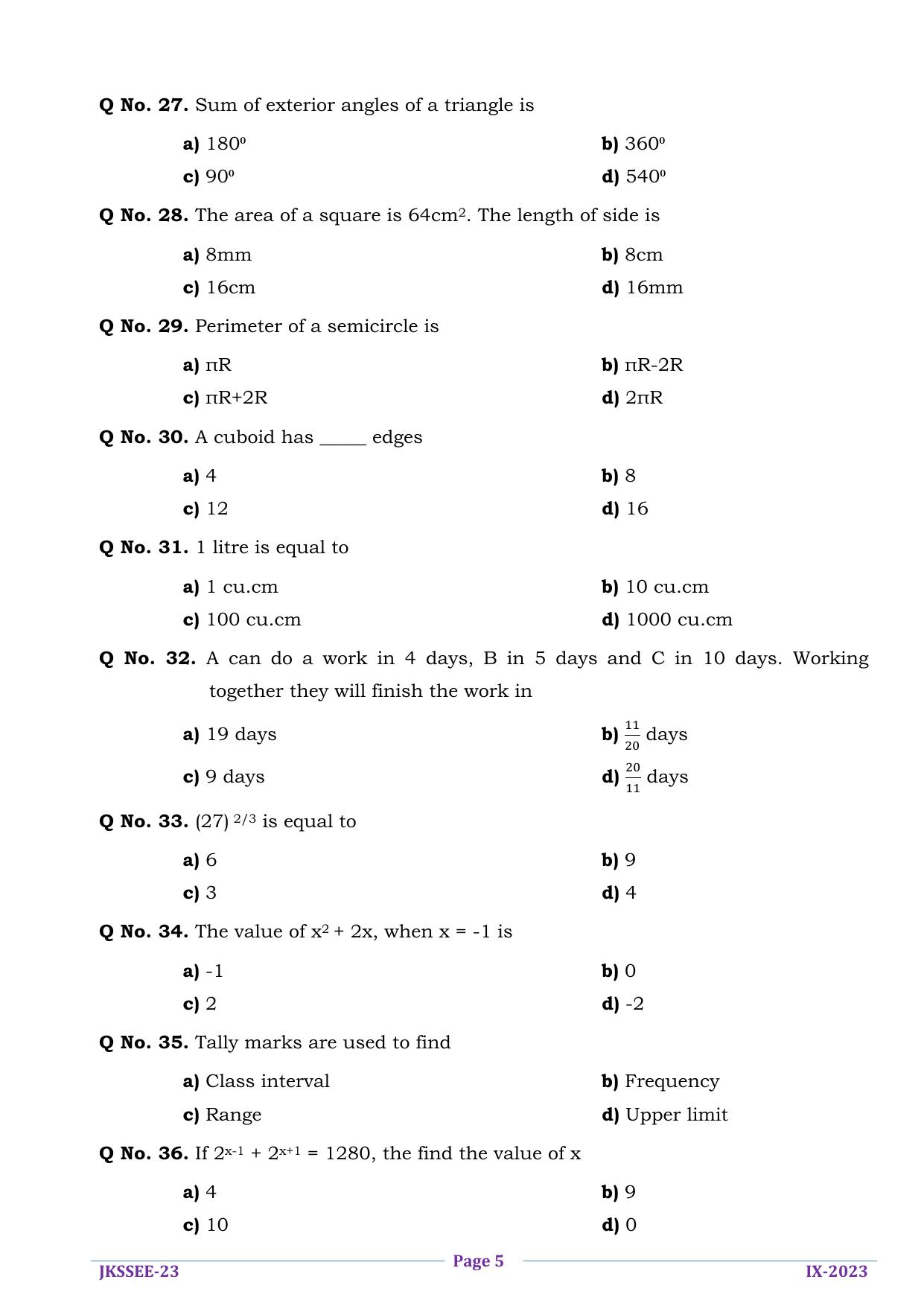 JKSSEE 2023 Class 9 Question Paper - Page 5