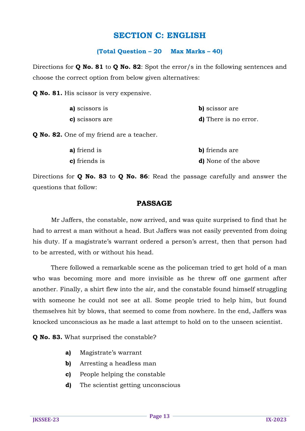 JKSSEE 2023 Class 9 Question Paper - Page 13