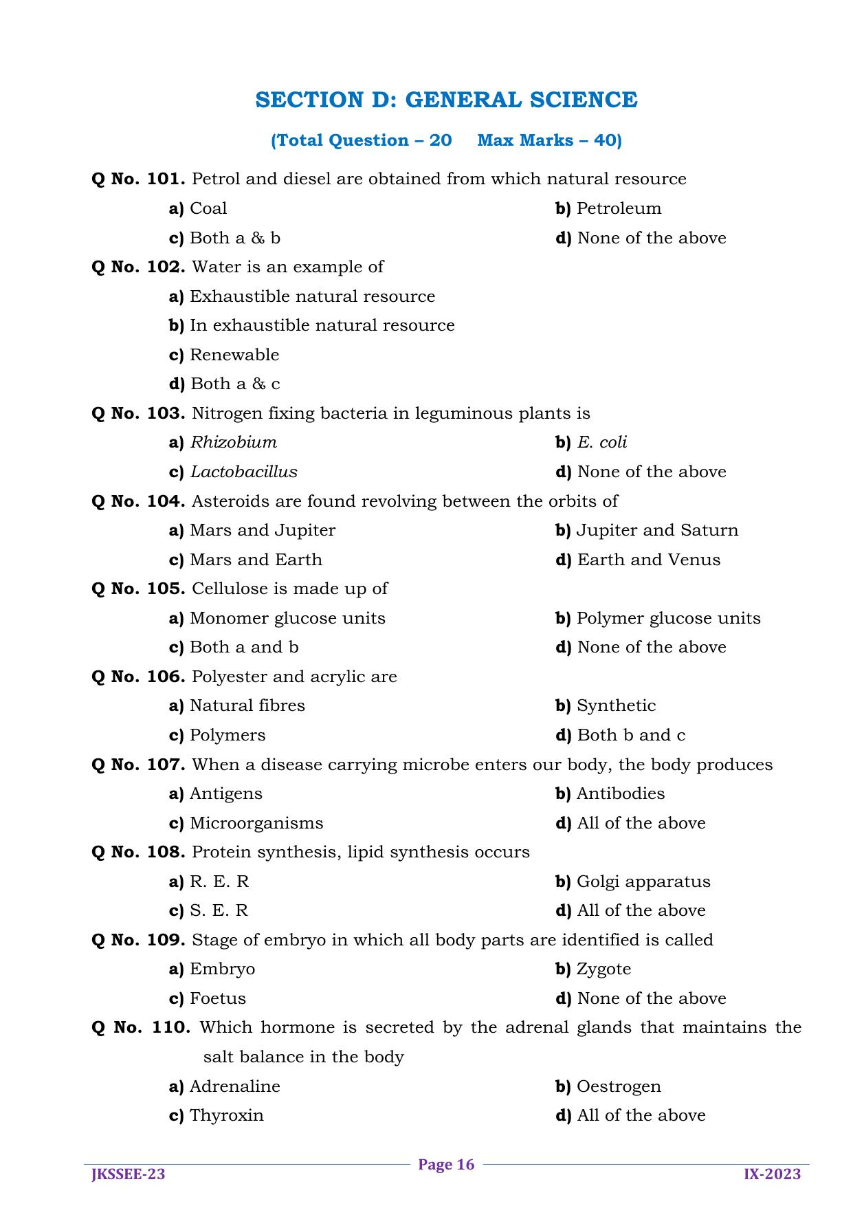 JKSSEE 2023 Class 9 Question Paper - Page 16
