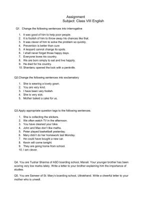 CBSE Class 8 English Worksheet Interrogative Sentences Assignment