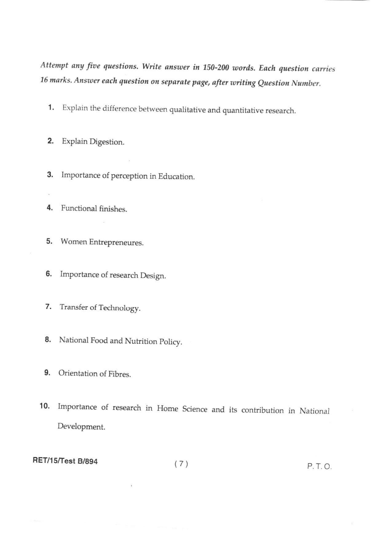 BHU RET HOME SCIENCE 2015 Question Paper - Page 9