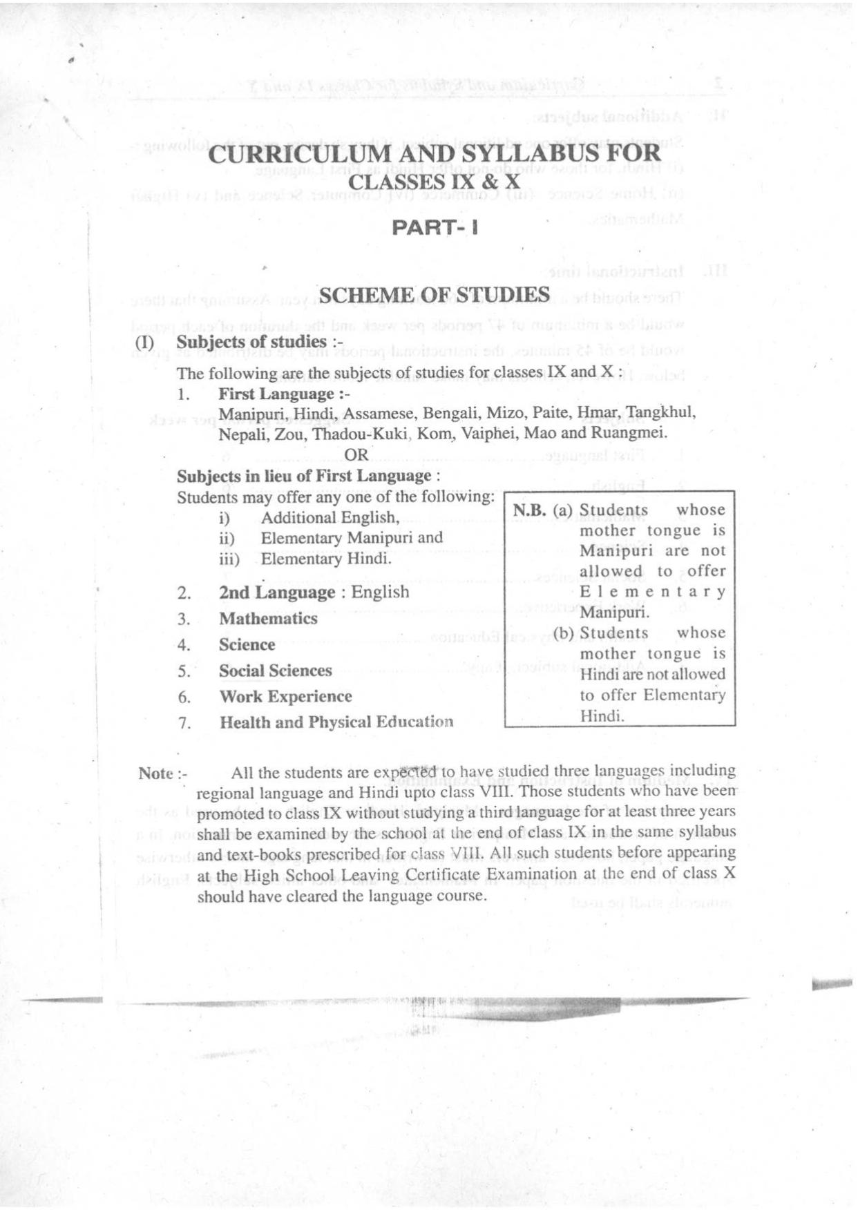 Manipur Board Syllabus for Class 9, 10 - Page 1
