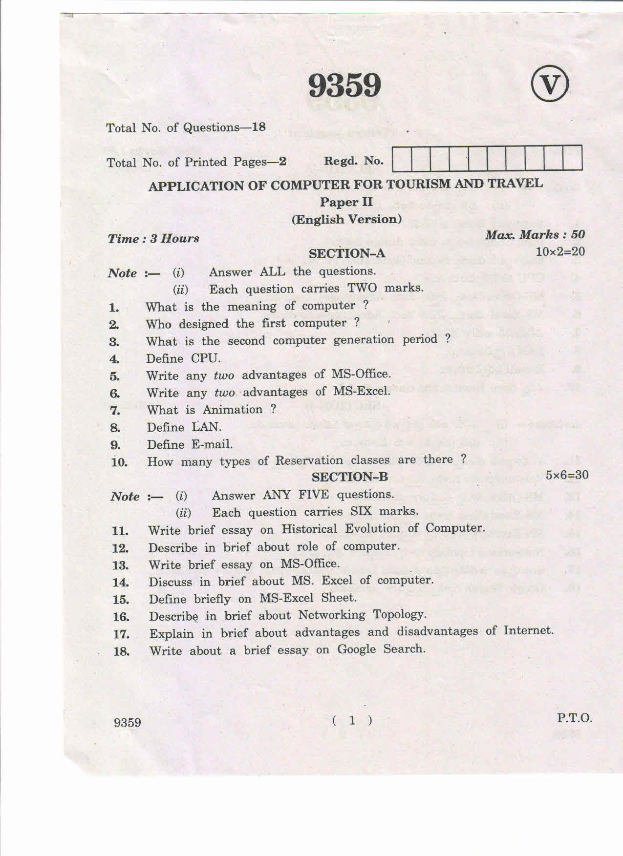 AP Inter 2nd Year Application of Computer for Tourism and Travel-II March-2019-Vocational Question Paper - Page 1