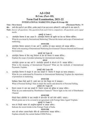 Bilaspur University Question Paper 2021-2022: B.COM Part -III (Three) (10+2+3) (II) International Marketing Paper 2
