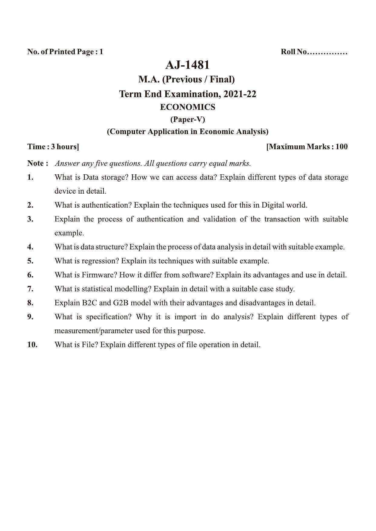Bilaspur University Question Paper 2021-2022:M.A (Final) Economics Computer Application In Economics Analysis (New Course) Paper 1 - Page 1