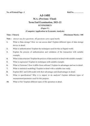 Bilaspur University Question Paper 2021-2022:M.A (Final) Economics  Computer Application In Economics Analysis (New Course) Paper 1