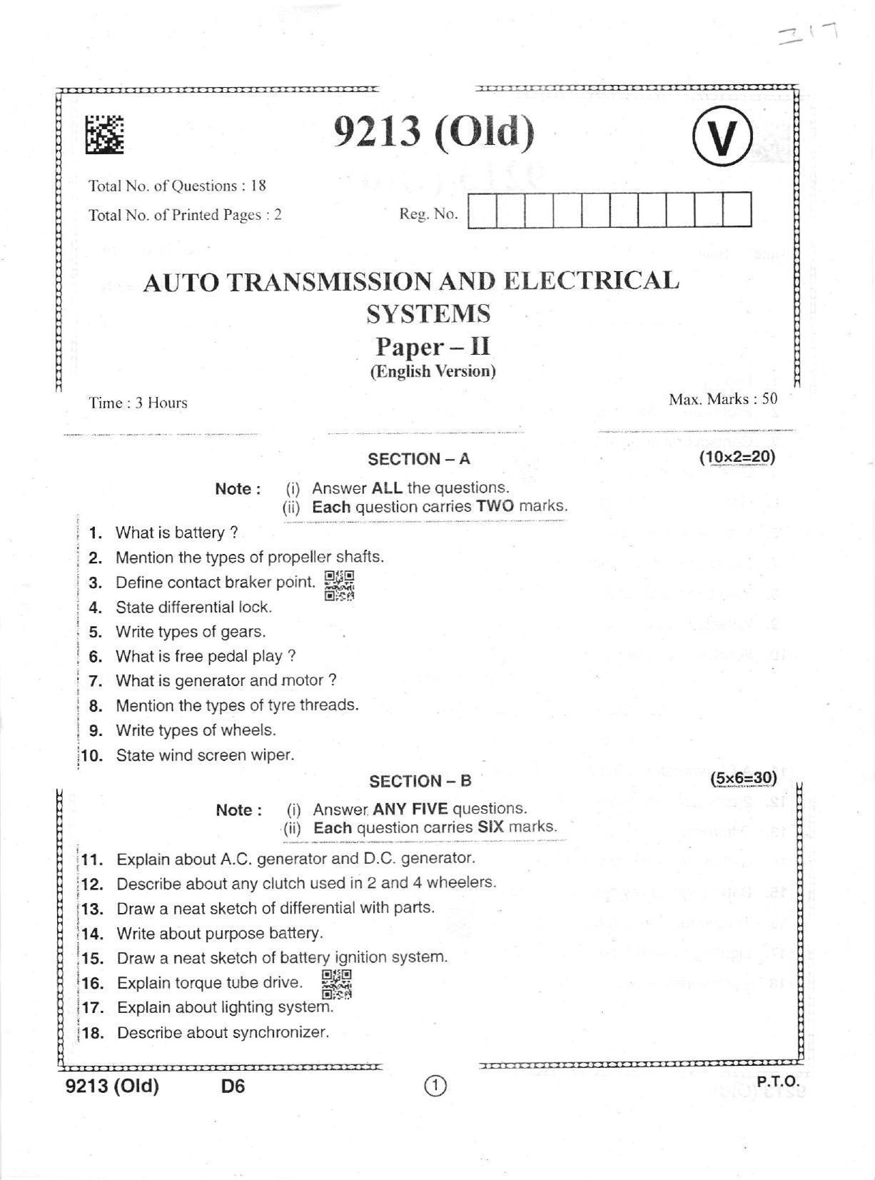 AP Intermediate 2nd Year Vocational Question Paper September-2021- Auto_Transmission&Electrical_Systems(OLD)-II - Page 1
