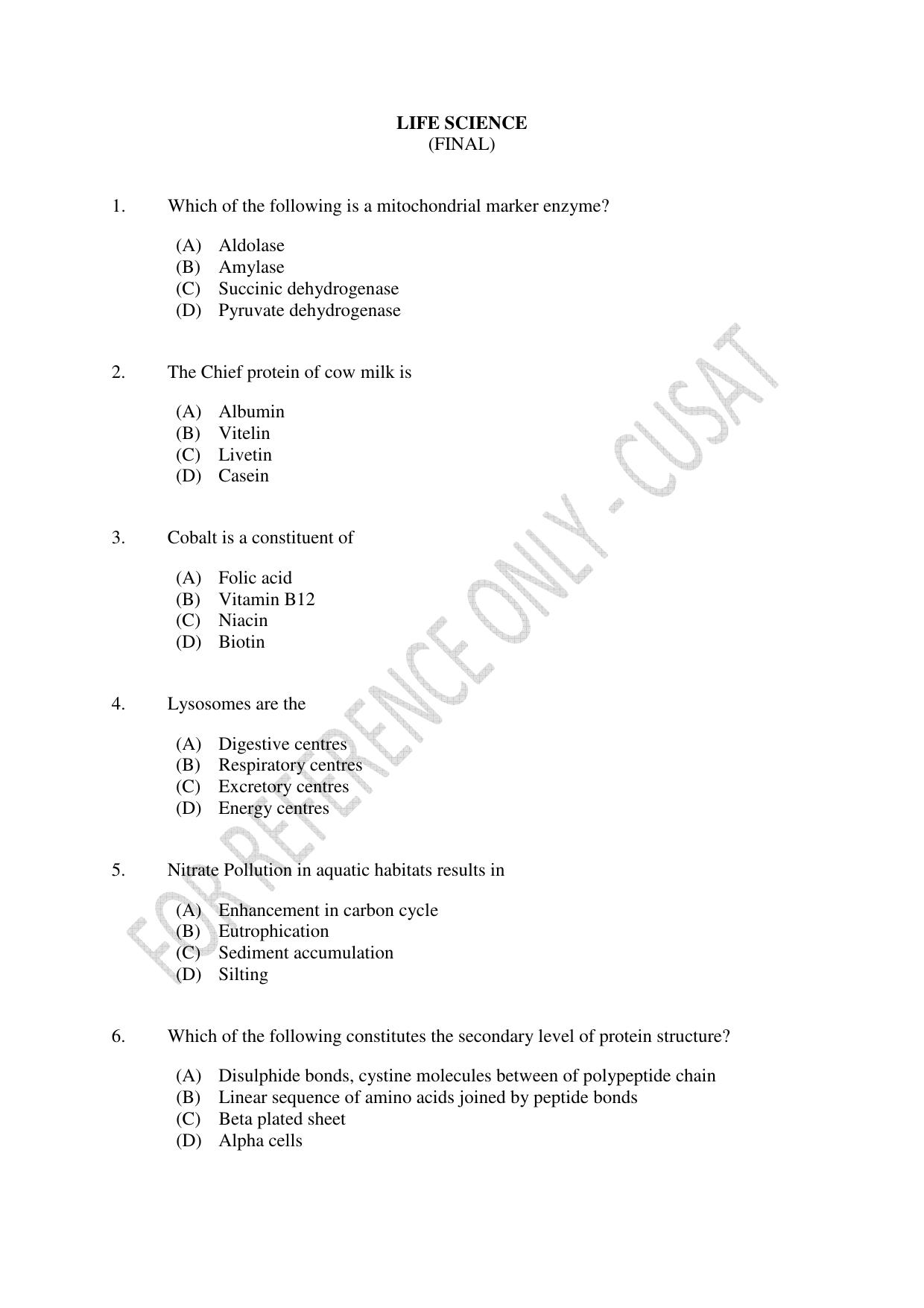 CUSAT CAT 2023 LIFE SCIENCE Question Paper - Page 1