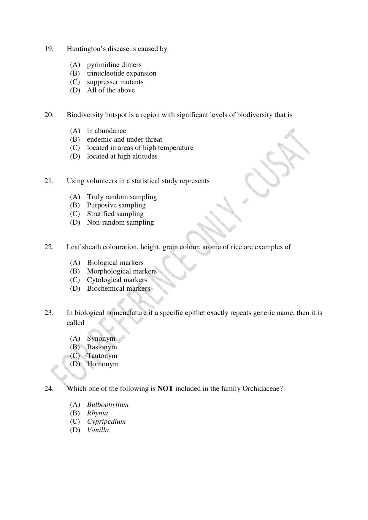 CUSAT CAT 2023 LIFE SCIENCE Question Paper - Page 4