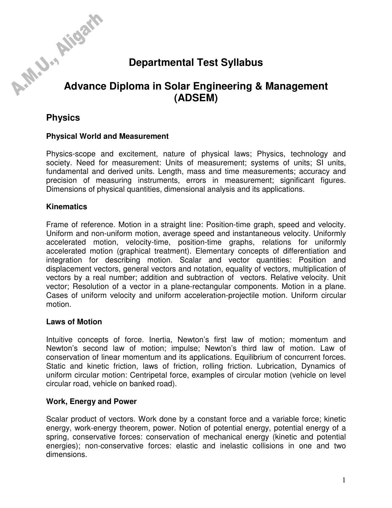 AMU Entrance Exam: P.G. Advance Diploma in Solar Engineering & Management Syllabus - Page 1