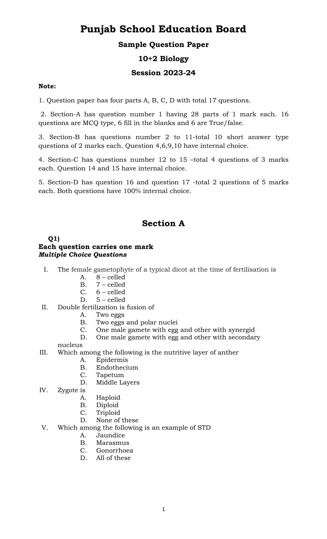 PSEB 12th Biology Model Paper 2024 - Page 1