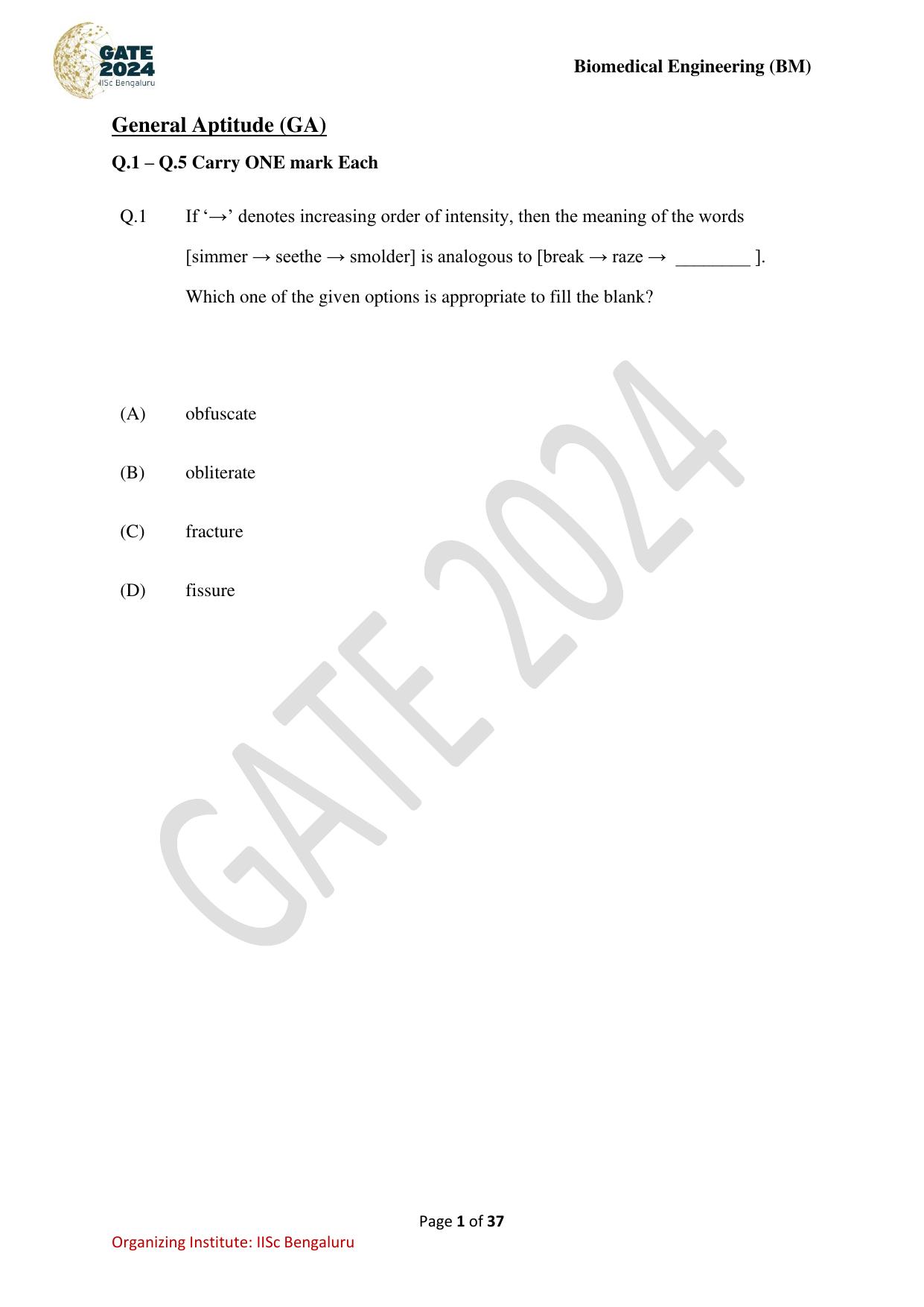 GATE 2024 Biomedical Engineering (BM) Question Paper - Page 1