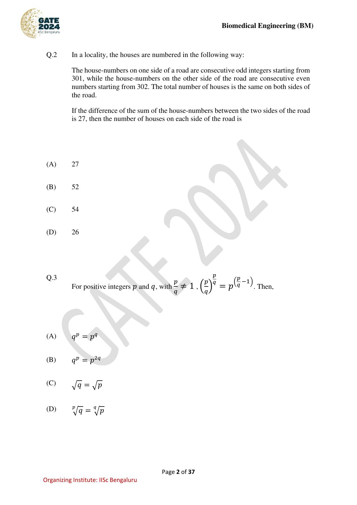 GATE 2024 Biomedical Engineering (BM) Question Paper - Page 2