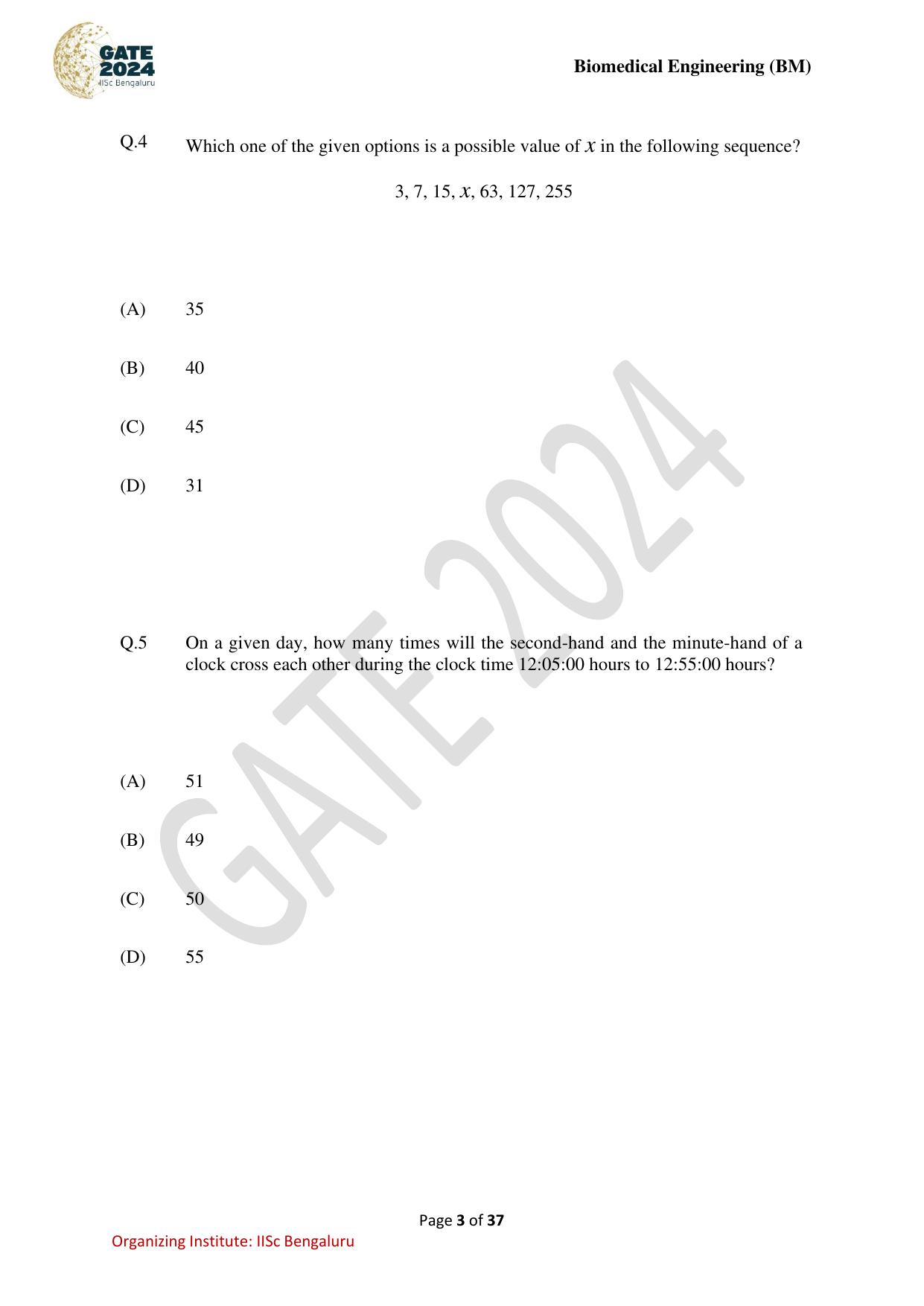 GATE 2024 Biomedical Engineering (BM) Question Paper - Page 3