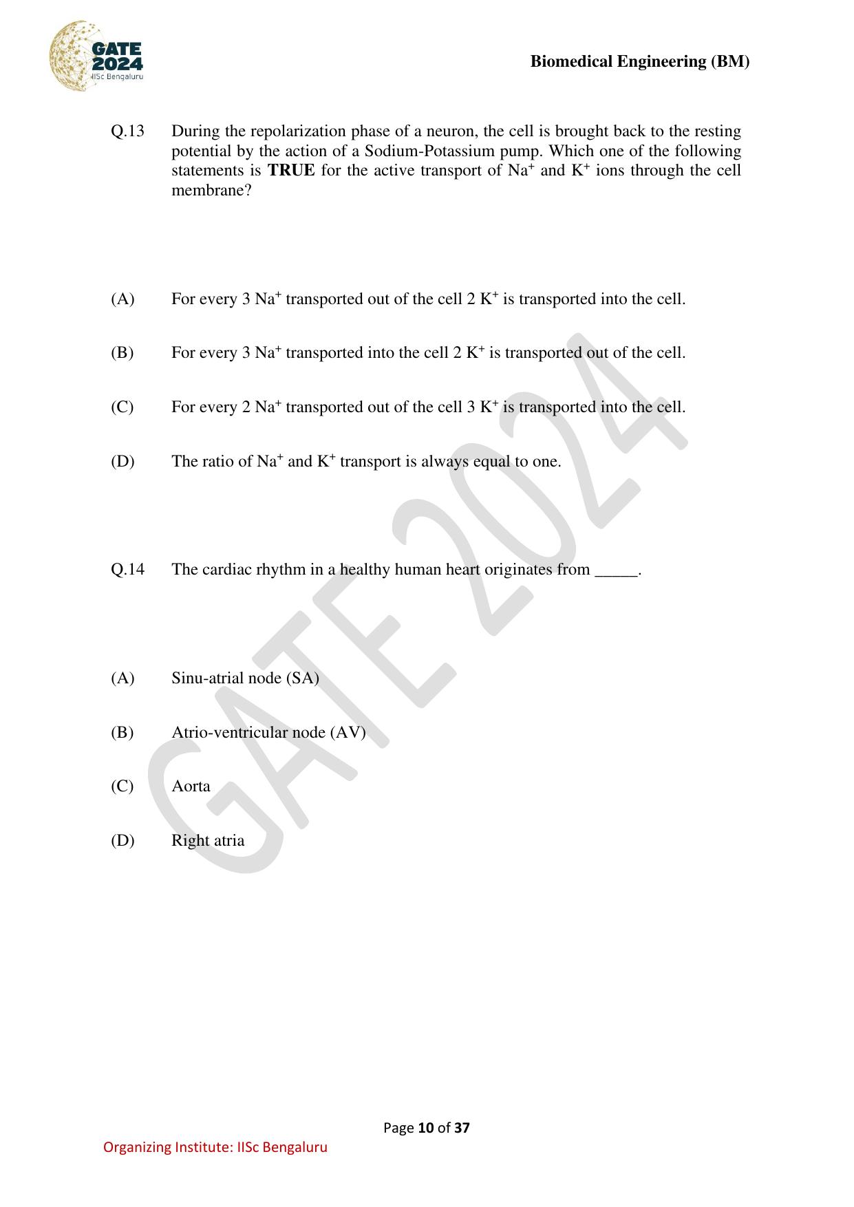 GATE 2024 Biomedical Engineering (BM) Question Paper - Page 10