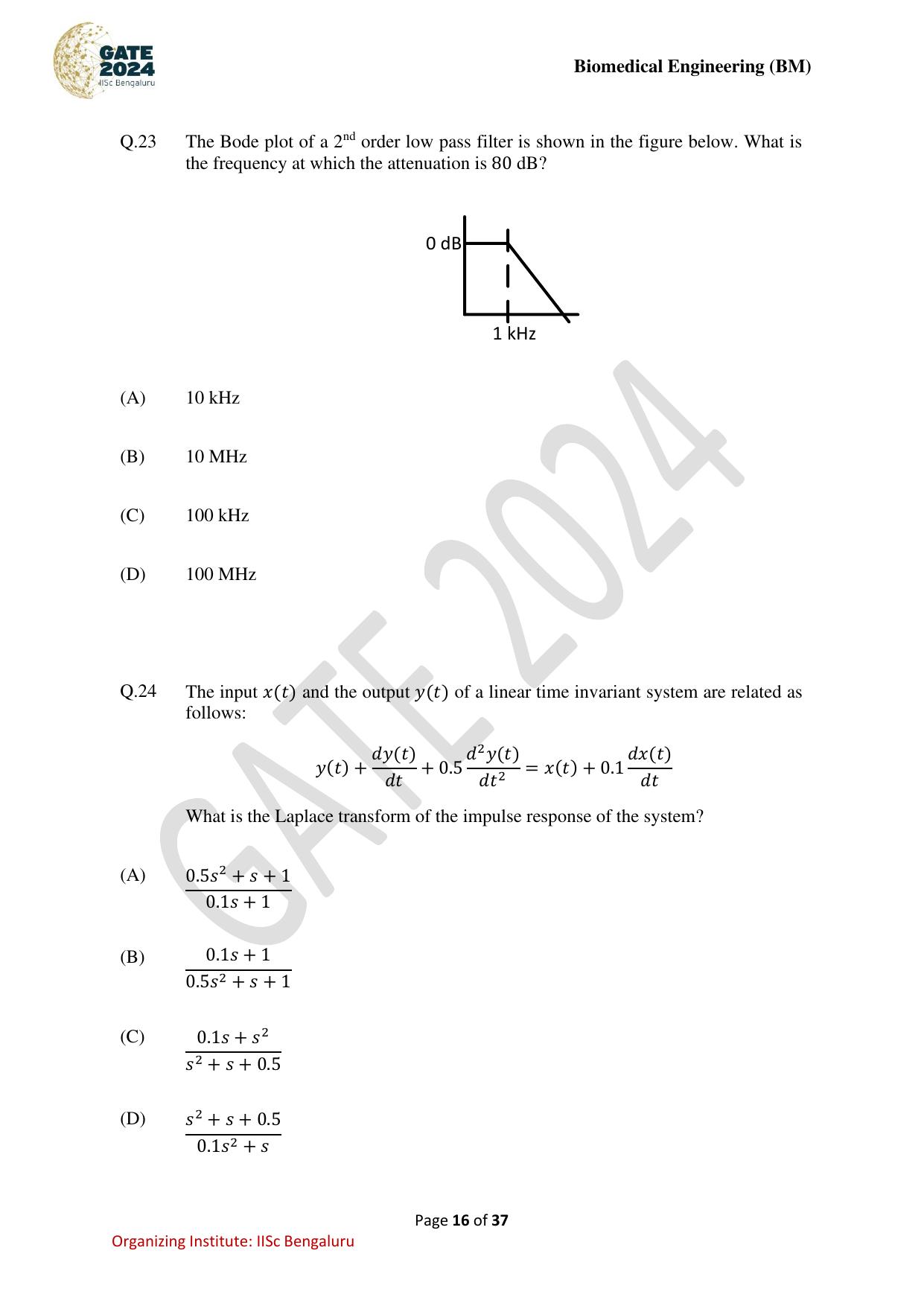 GATE 2024 Biomedical Engineering (BM) Question Paper - Page 16
