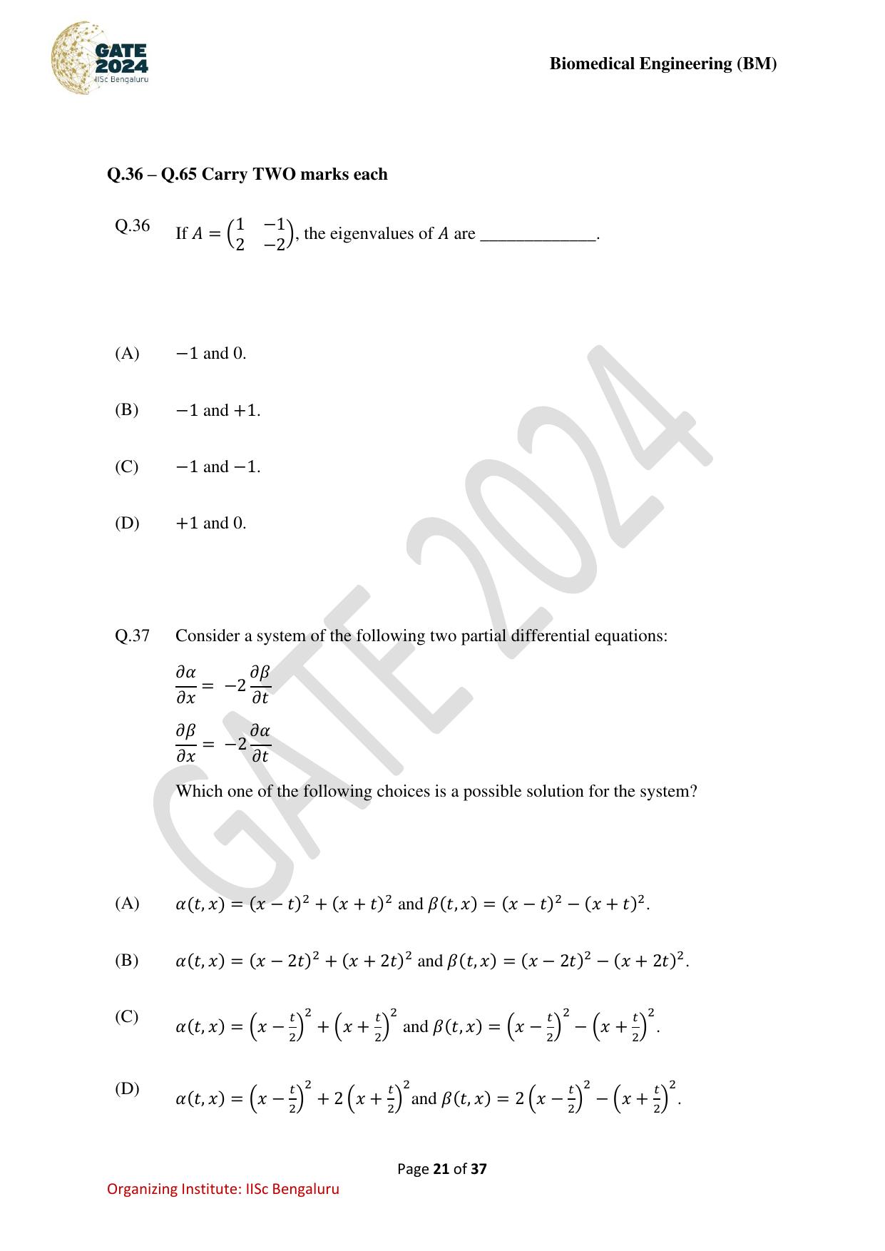GATE 2024 Biomedical Engineering (BM) Question Paper - Page 21