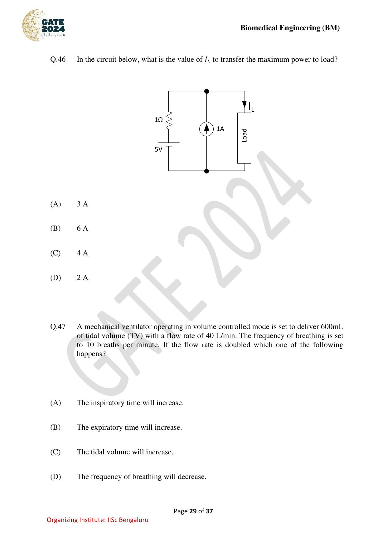 GATE 2024 Biomedical Engineering (BM) Question Paper - Page 29