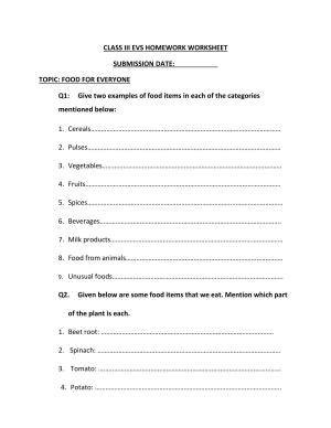 Worksheet for Class 3 EVS Assignment 70 Food for Everyone