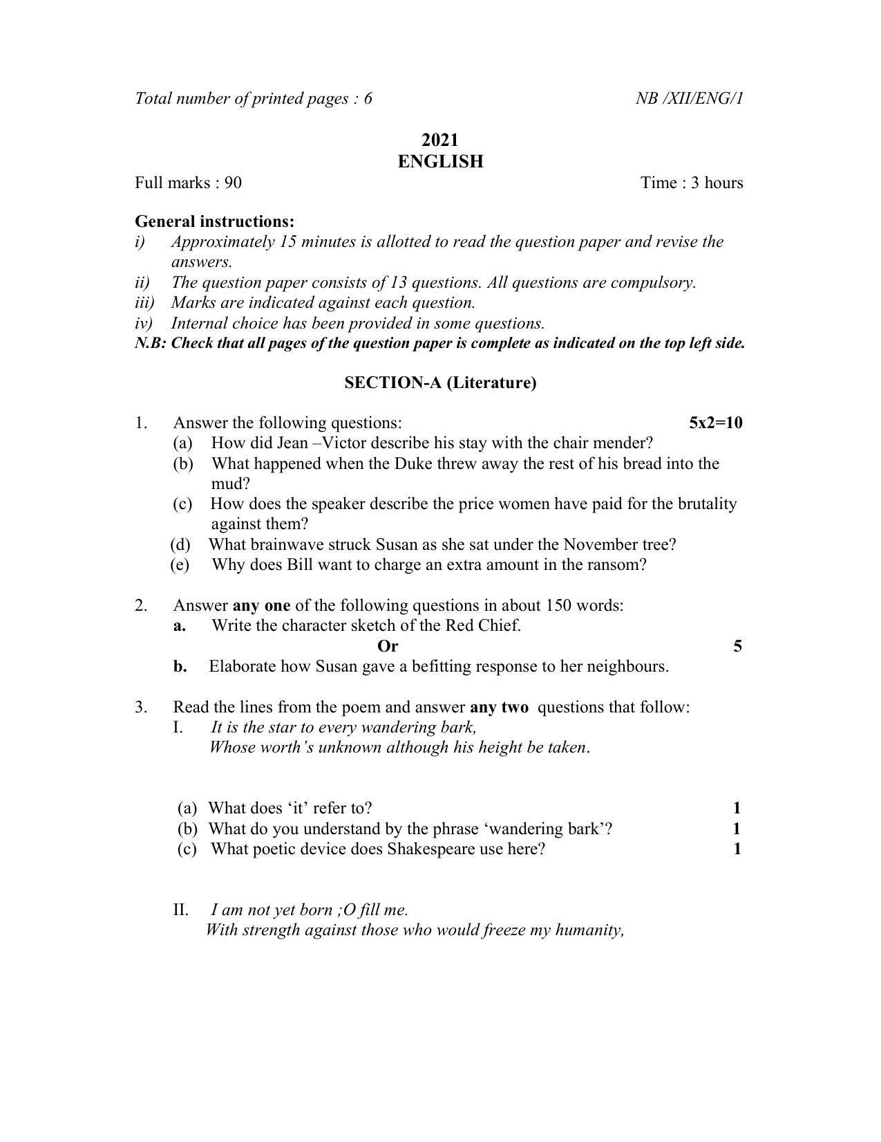 Nagaland Board Class 12 English 2021 Question Paper - Page 1