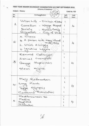 Kerala Plus One 2016 History Improvement Answer Key