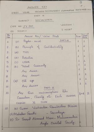 Kerala Plus One (Class 11th) Social Work Answer Key 2021