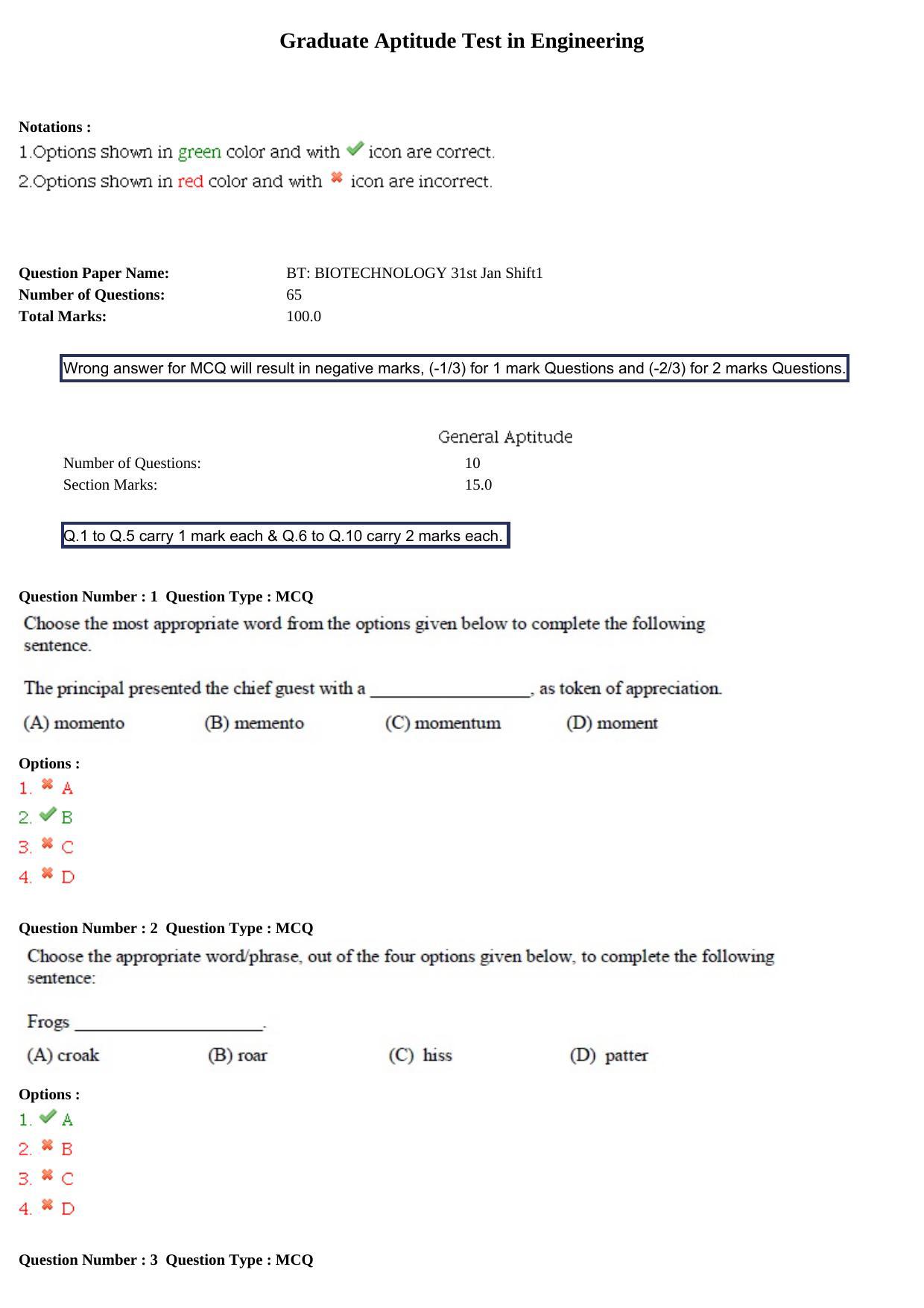 GATE 2015 Biotechnology (BT) Question Paper with Answer Key - Page 1