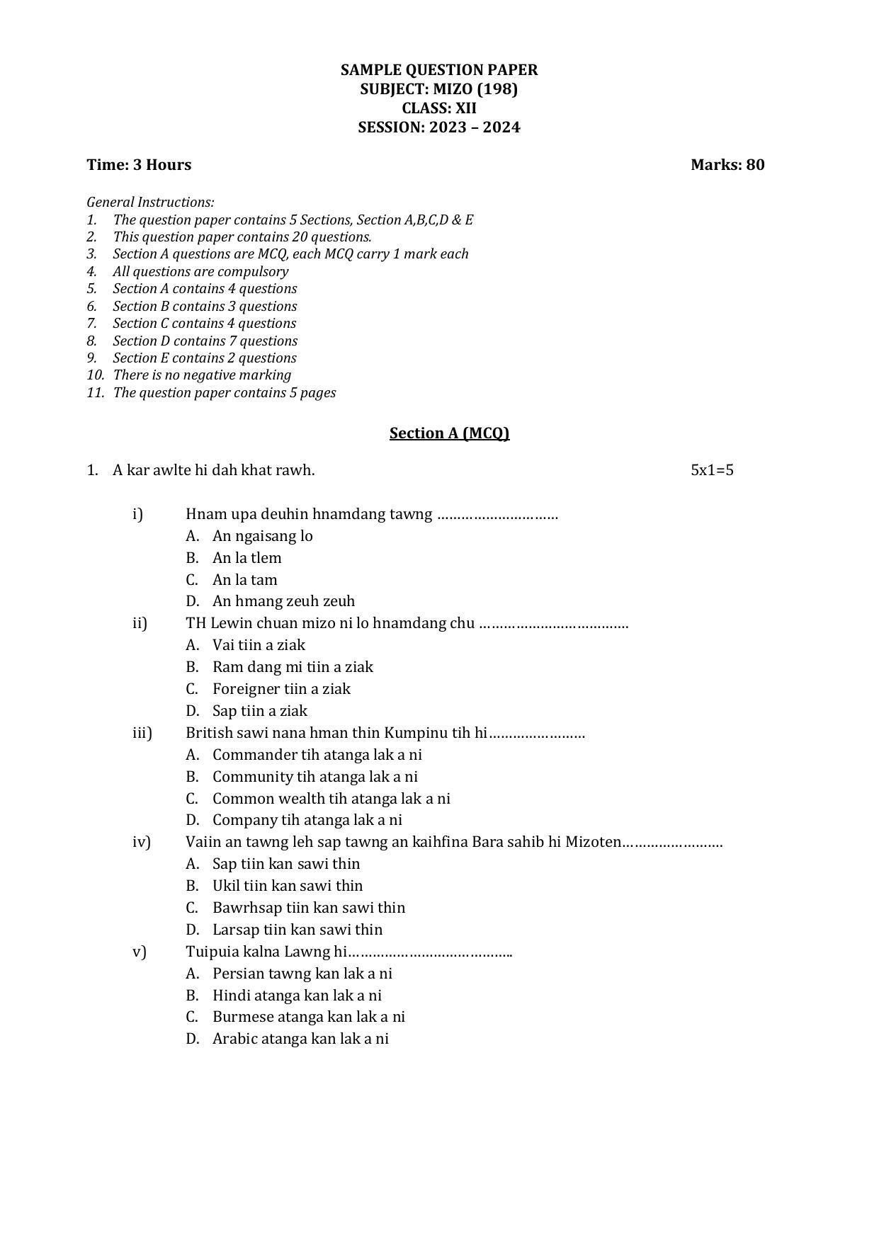 CBSE Class 12 Mizo Sample Paper 2024 - Page 1