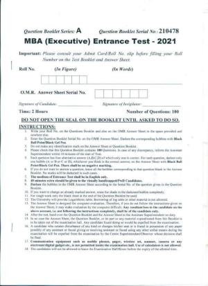 PU USOL MBA (Executive) Entrance Exam 2021 Question Booklet