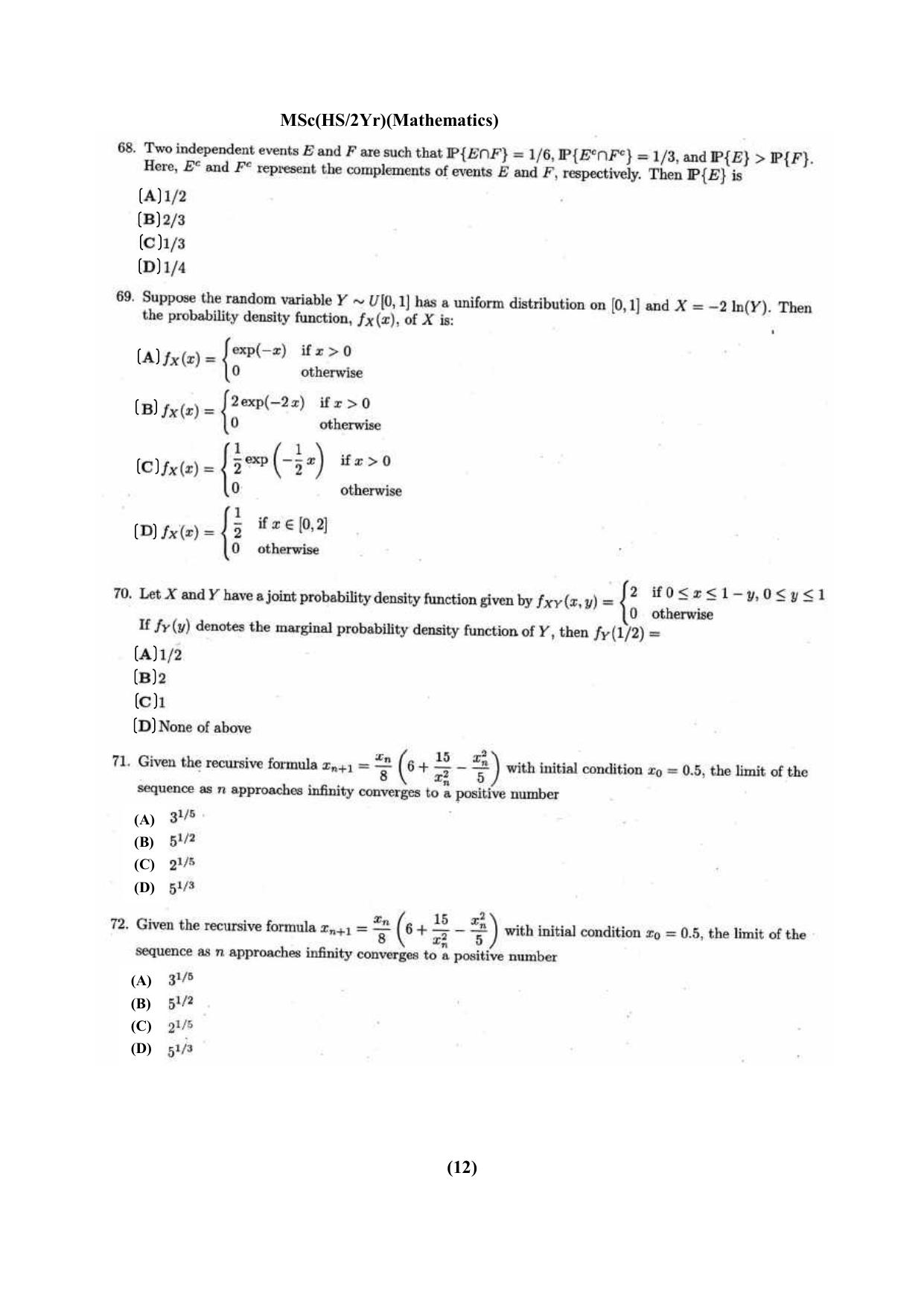 PU CET PG Question Paper 2024 - Page 12