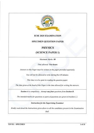 ICSE Class 10 2025 Physics (Science Paper 1) (QP & MS) Specimen Paper