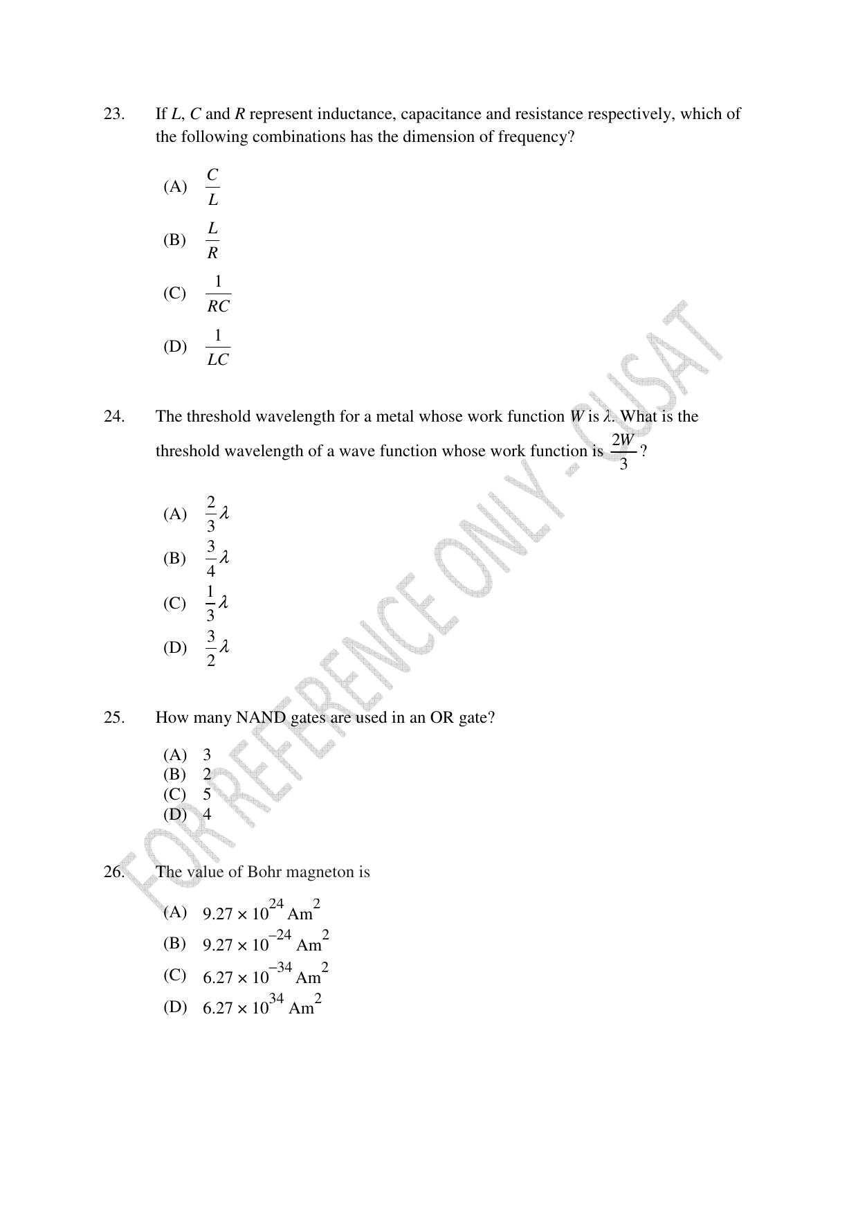 CUSAT CAT 2023 Test For Physics Chemistry Mathematics Shift V Question Paper - Page 7