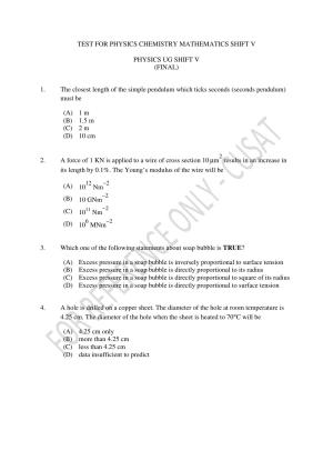 CUSAT CAT 2023 Test For Physics Chemistry Mathematics Shift V Question Paper