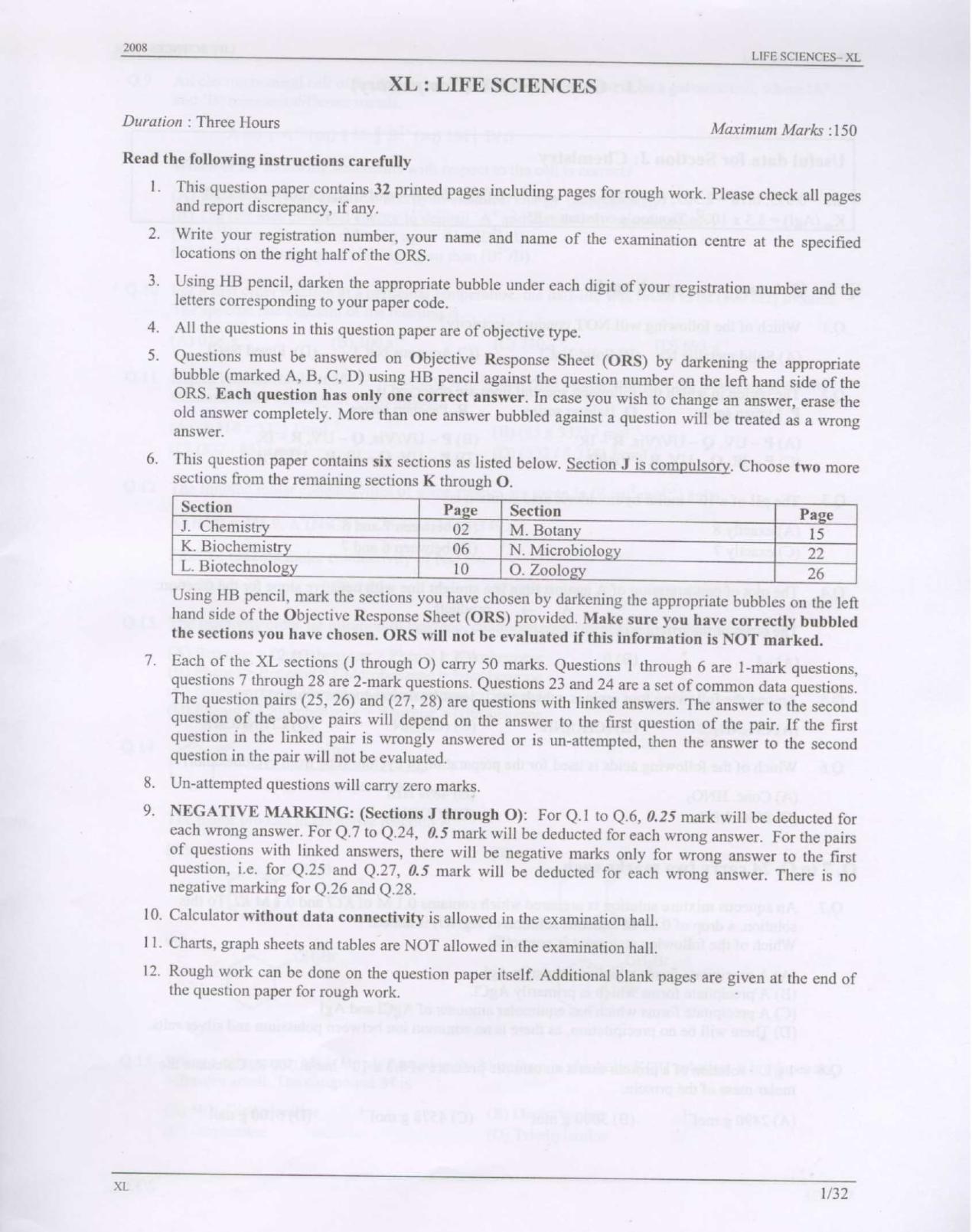 GATE 2008 Life Sciences (XL) Question Paper with Answer Key - Page 1