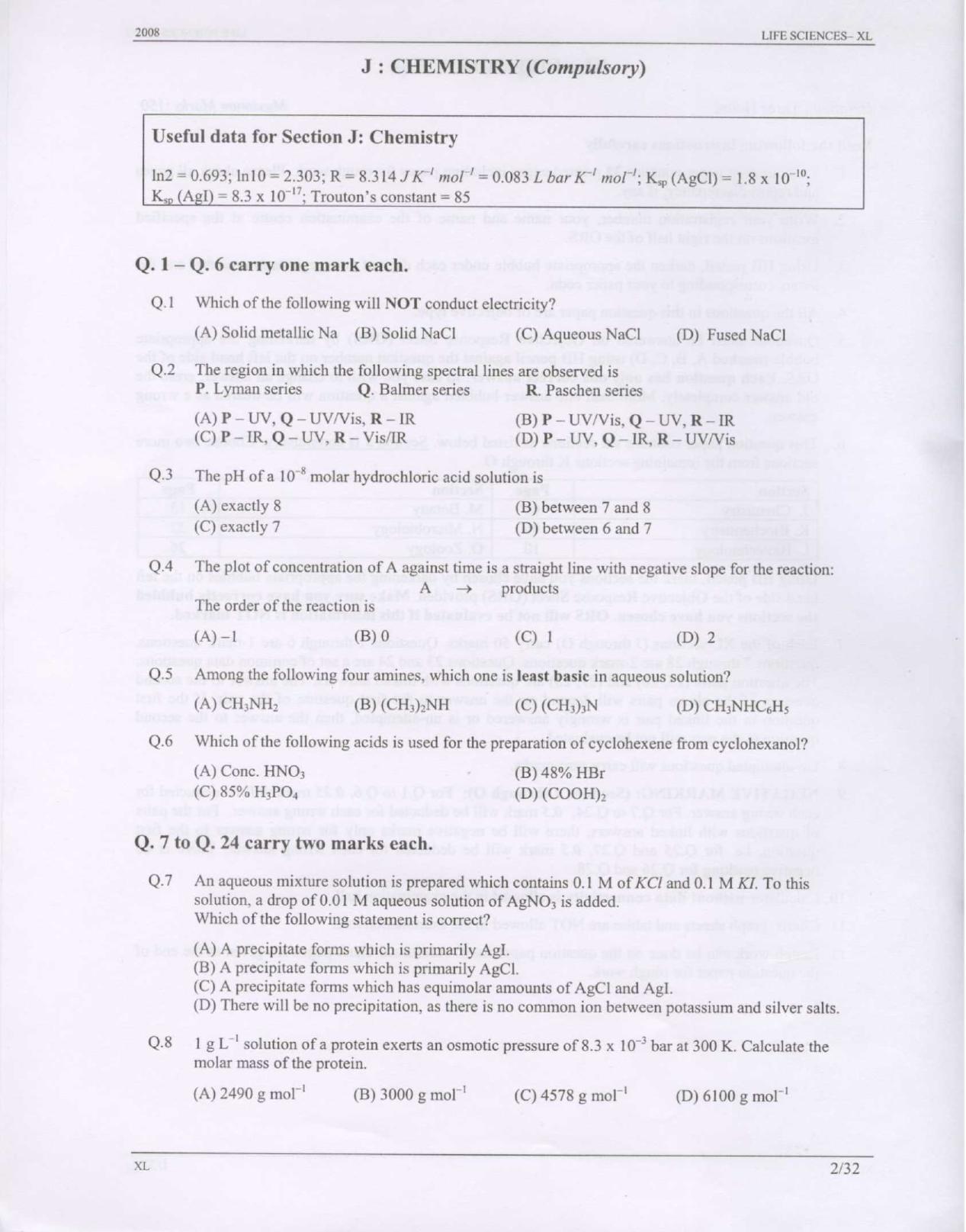 GATE 2008 Life Sciences (XL) Question Paper with Answer Key - Page 2