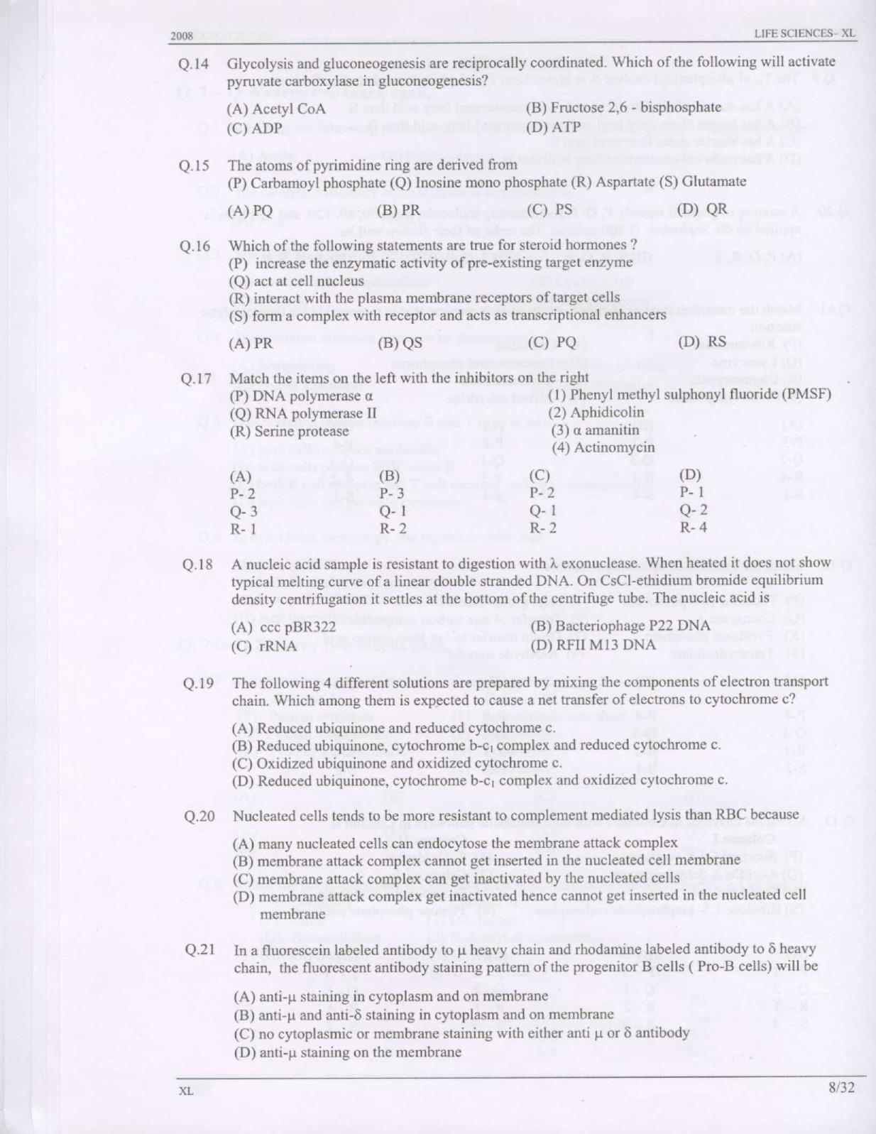 GATE 2008 Life Sciences (XL) Question Paper with Answer Key - Page 8