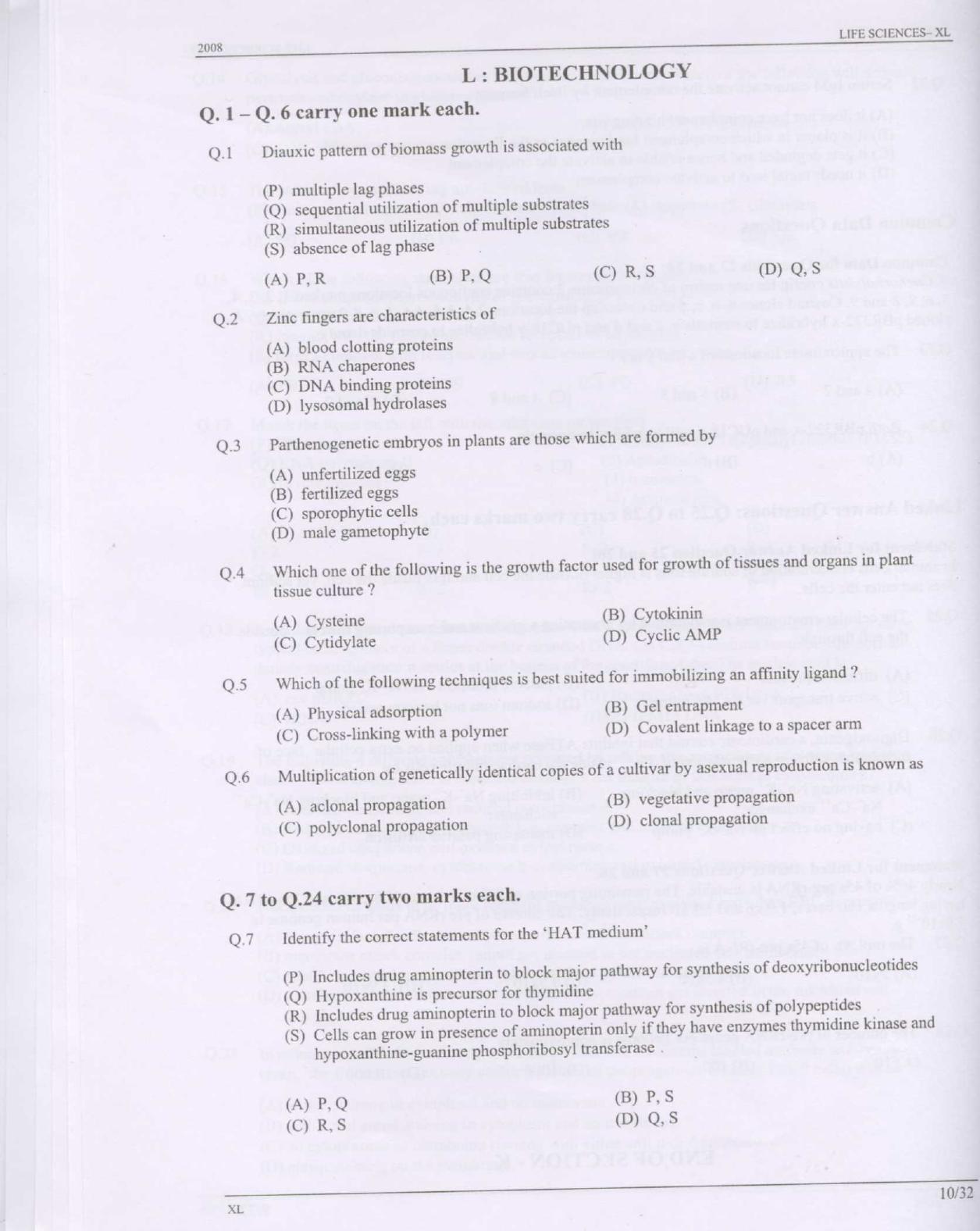 GATE 2008 Life Sciences (XL) Question Paper with Answer Key - Page 10