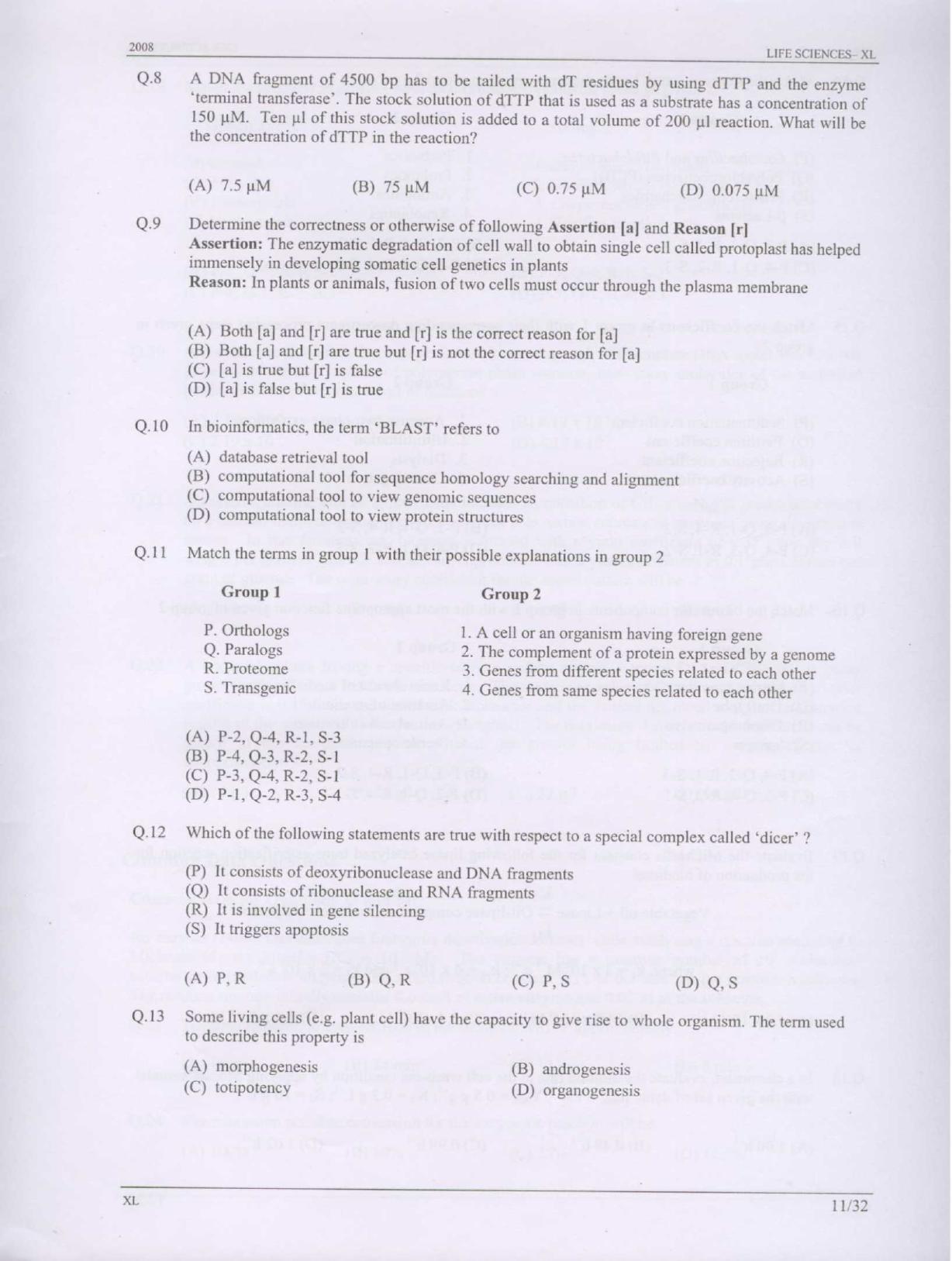GATE 2008 Life Sciences (XL) Question Paper with Answer Key - Page 11
