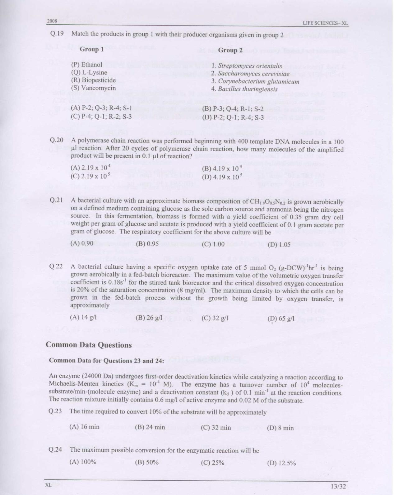 GATE 2008 Life Sciences (XL) Question Paper with Answer Key - Page 13