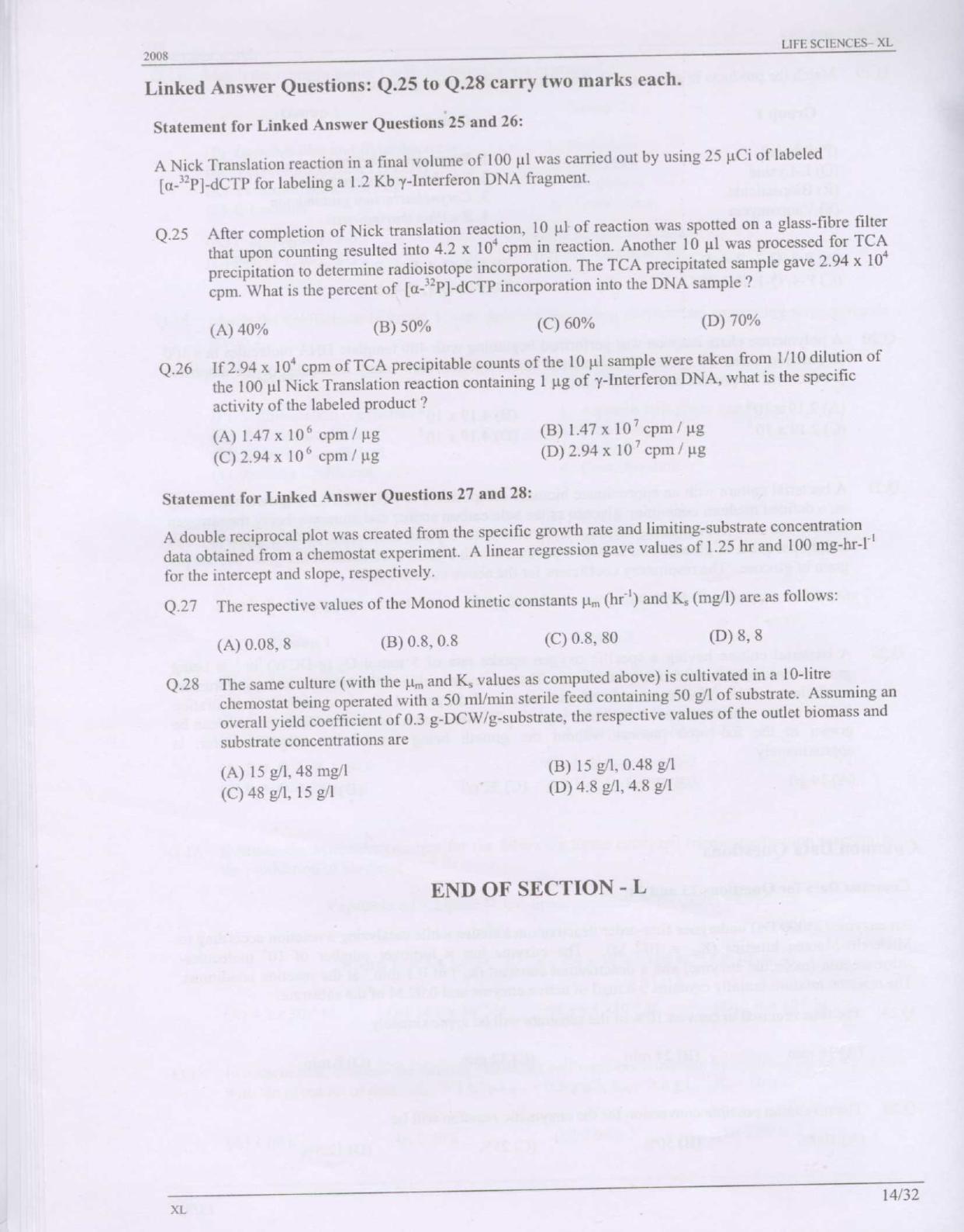 GATE 2008 Life Sciences (XL) Question Paper with Answer Key - Page 14