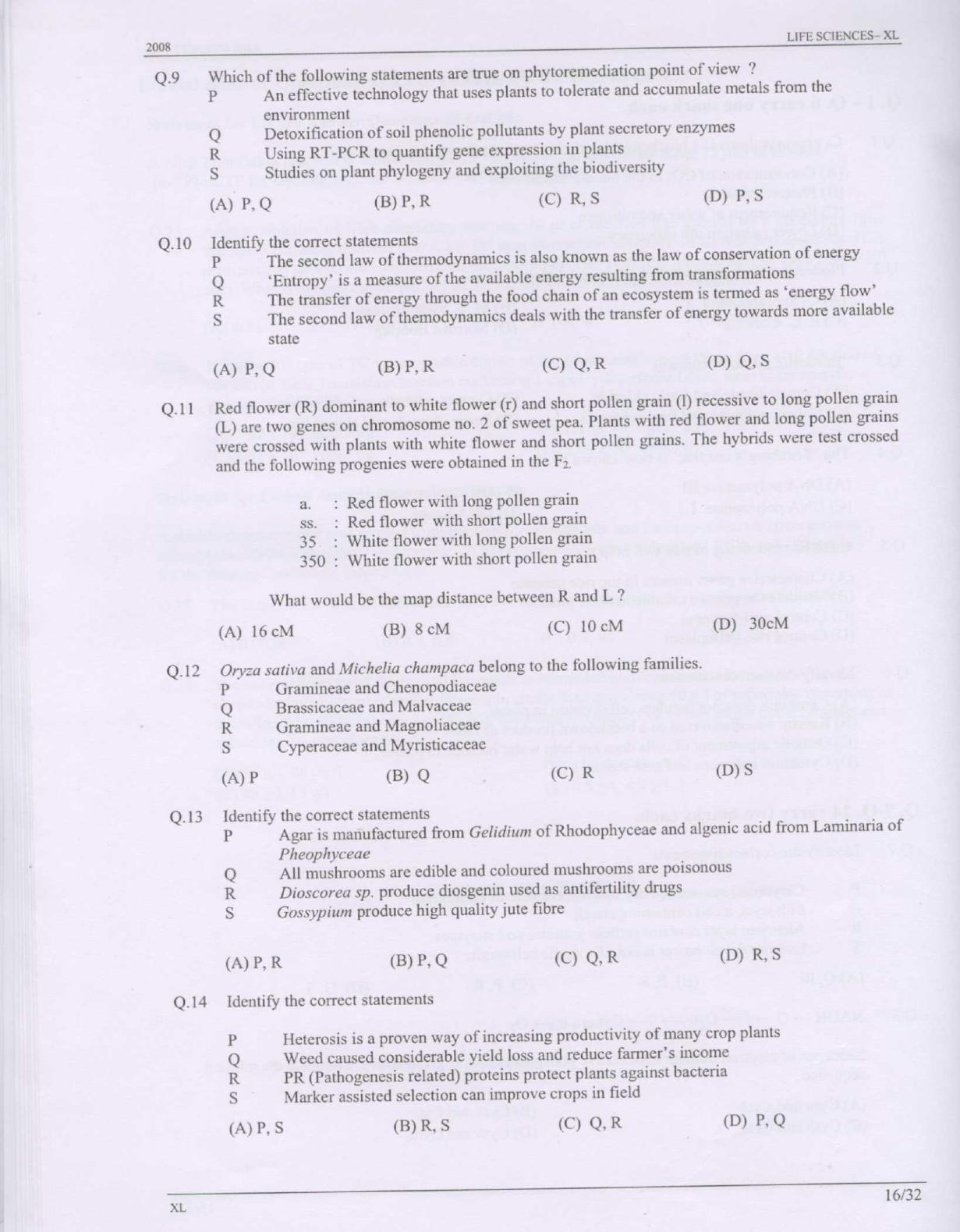 GATE 2008 Life Sciences (XL) Question Paper with Answer Key - Page 16