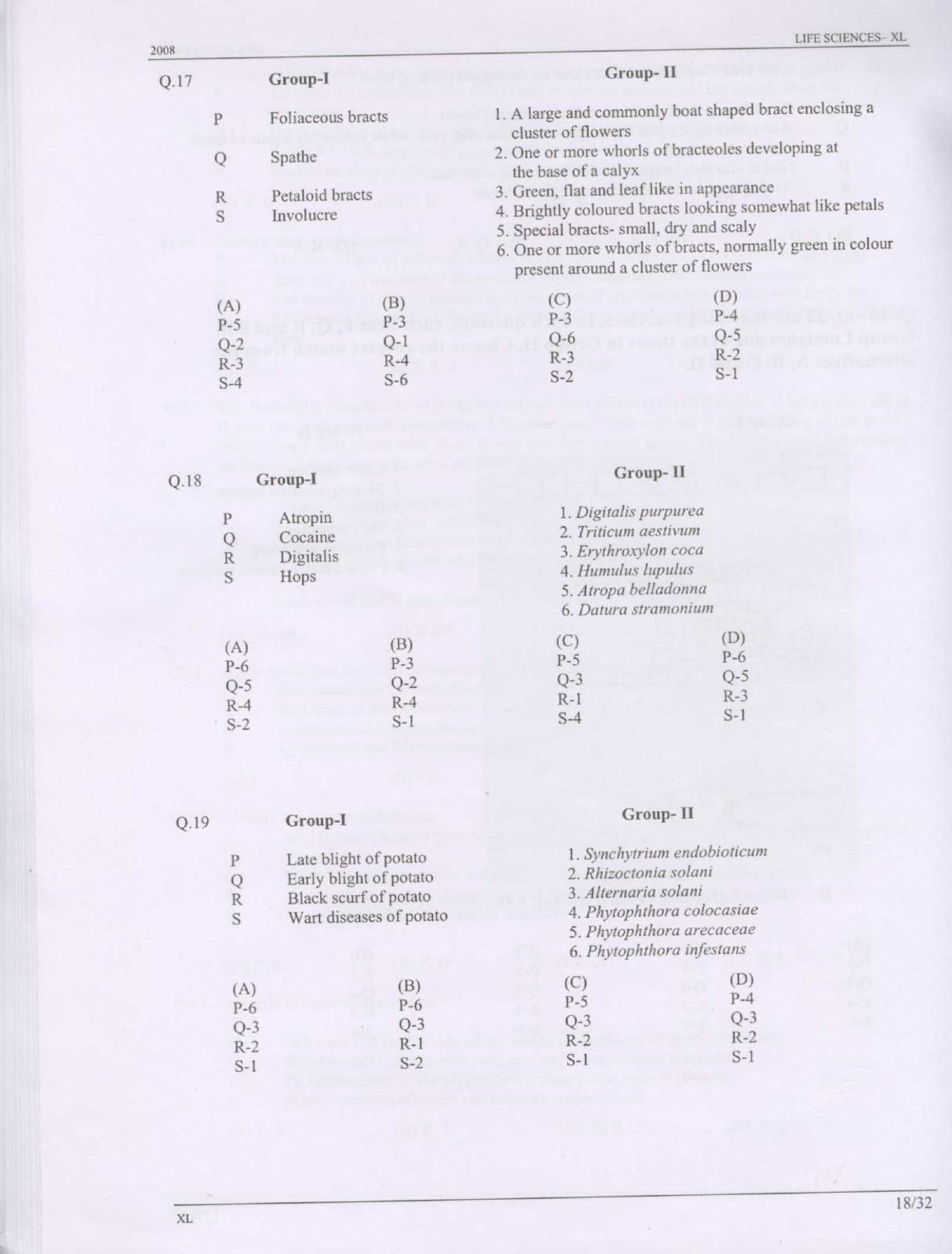 GATE 2008 Life Sciences (XL) Question Paper with Answer Key - Page 18
